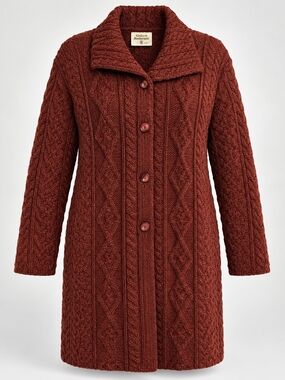 Kilronan Irish Wool Aran Cable Knit Sweater Coat Rust AS IS